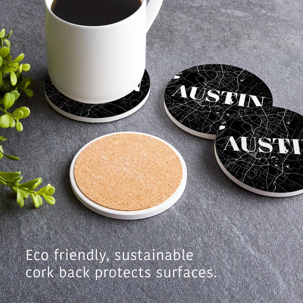 Minimalistic B&W Texas Austin Map| Absorbent Coasters | Set of 4 | Min 2