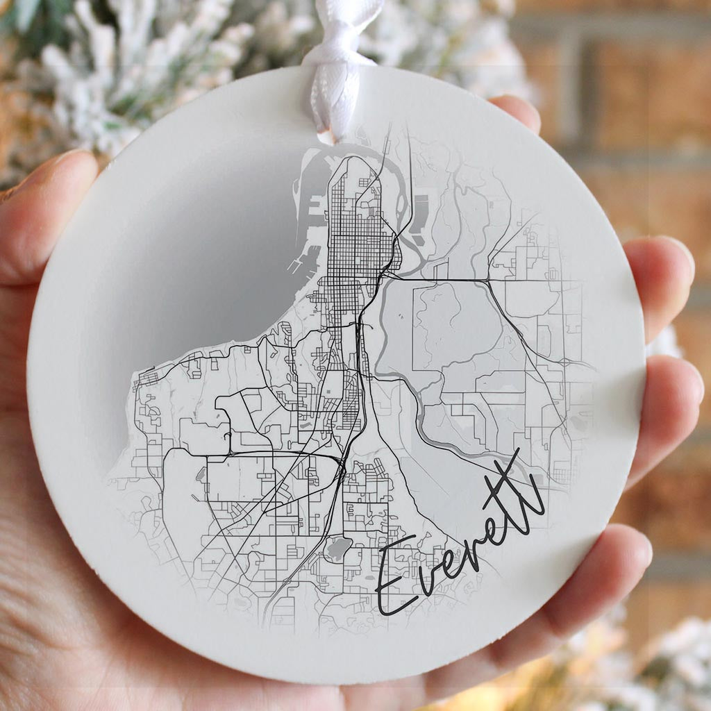 Minimalistic B&W Washington Everett Circle Map | Wood Ornament | Eaches | Min 6