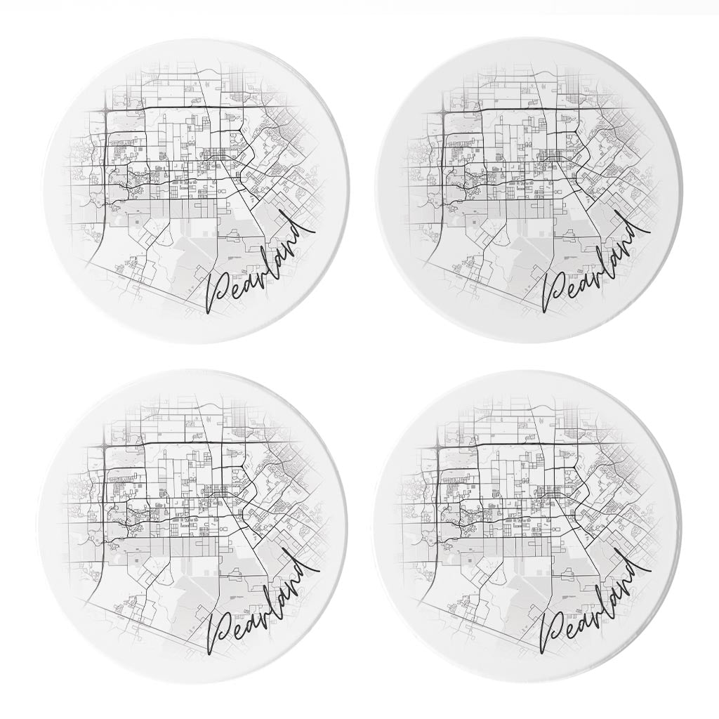 Minimalistic B&W Texas Pearland City Circle Map | Absorbent Coasters | Set of 4 | Min 2