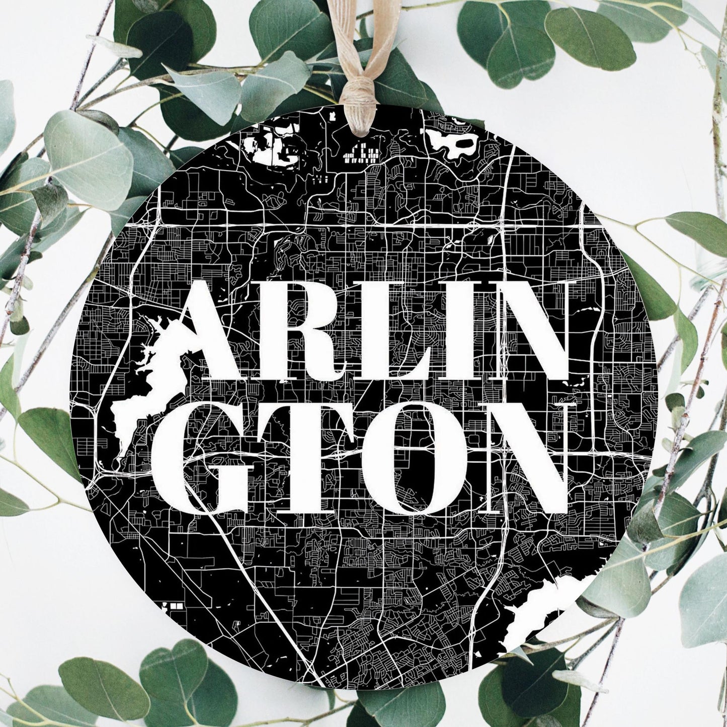 Minimalistic B&W Texas Arlington Map | Wood Ornament | Eaches | Min 1