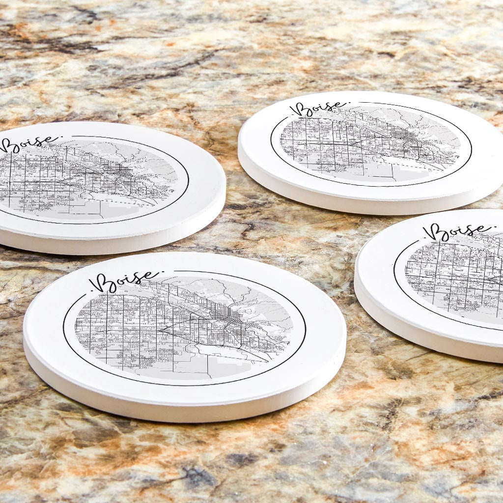 Minimalist B&W Idaho Boise Circle Map | Absorbent Coasters | Set of 4 | Min 2