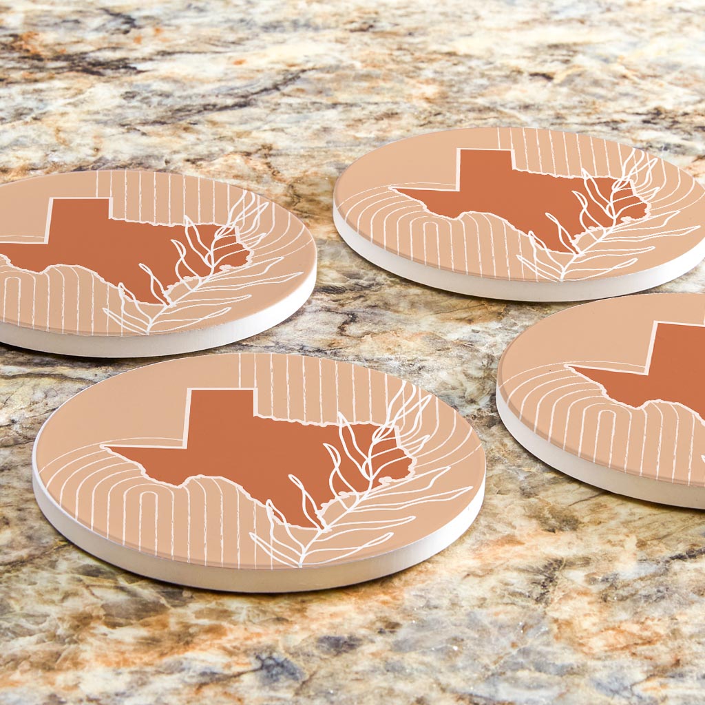 Modern Minimalist Texas State Shape With Leaf | Absorbent Coasters | Set of 4 | Min 2