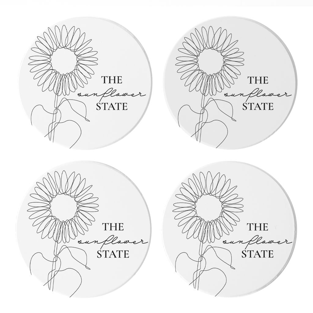 Minimalist B&W Kansas Sunflower Line Drawing | Absorbent Coasters | Set of 4 | Min 2