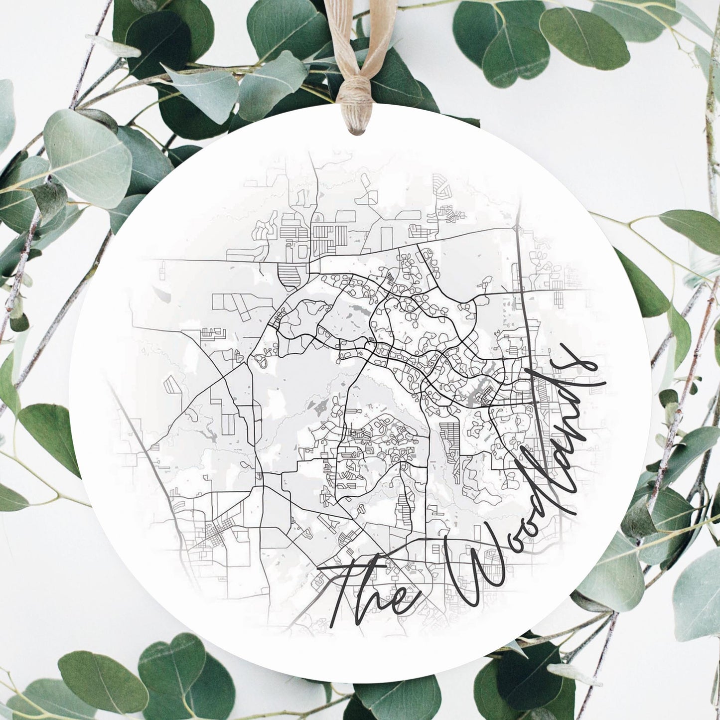 Minimalistic B&W Texas The Woodlands Circle Map | Wood Ornament | Eaches | Min 1