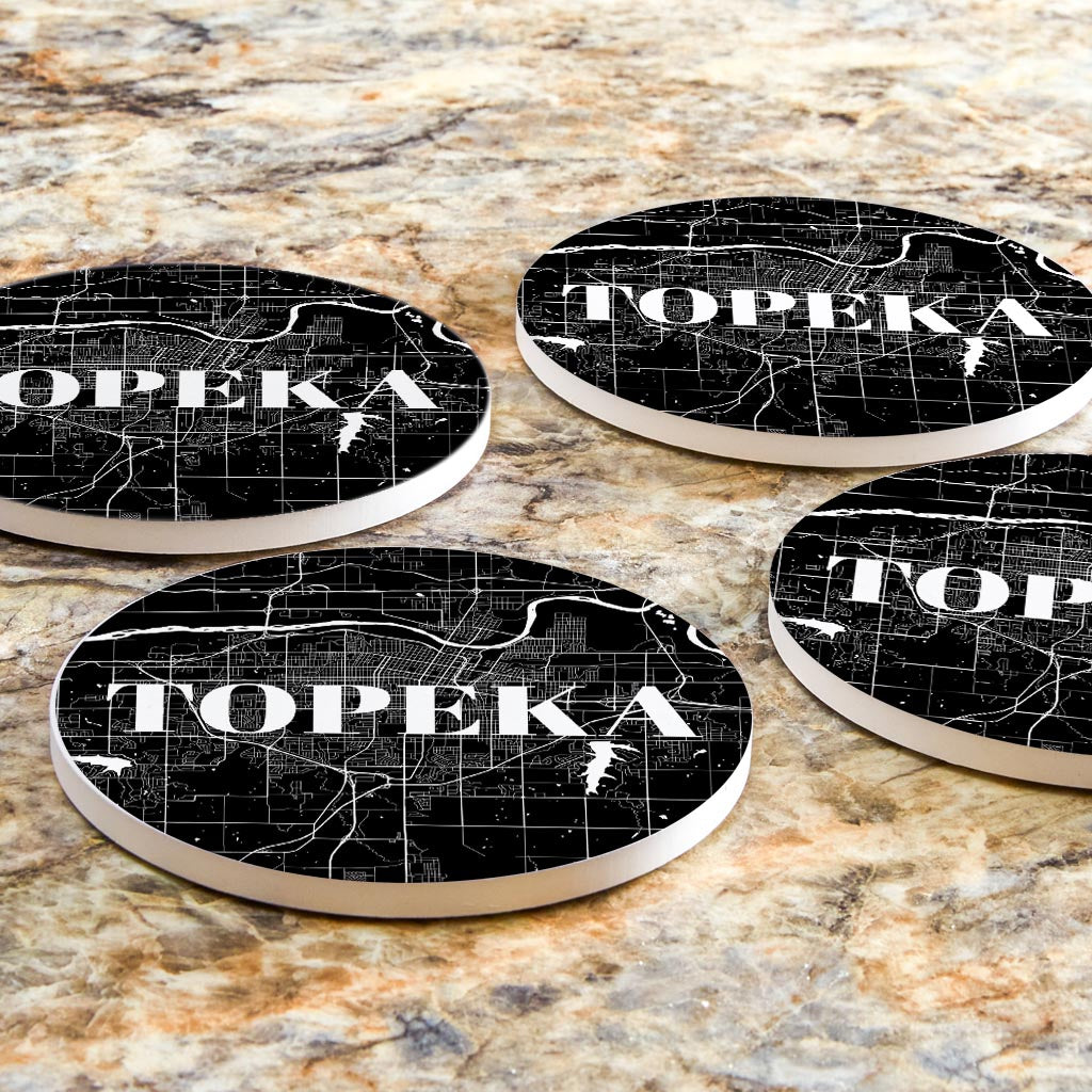 Minimalist B&W Kansas Topeka Map | Absorbent Coasters | Set of 4 | Min 2