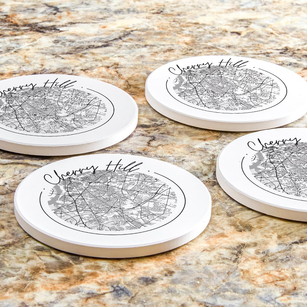 Minimalistic B&W New Jersey Cherry Hill Circle Map| Absorbent Coasters | Set of 4 | Min 2