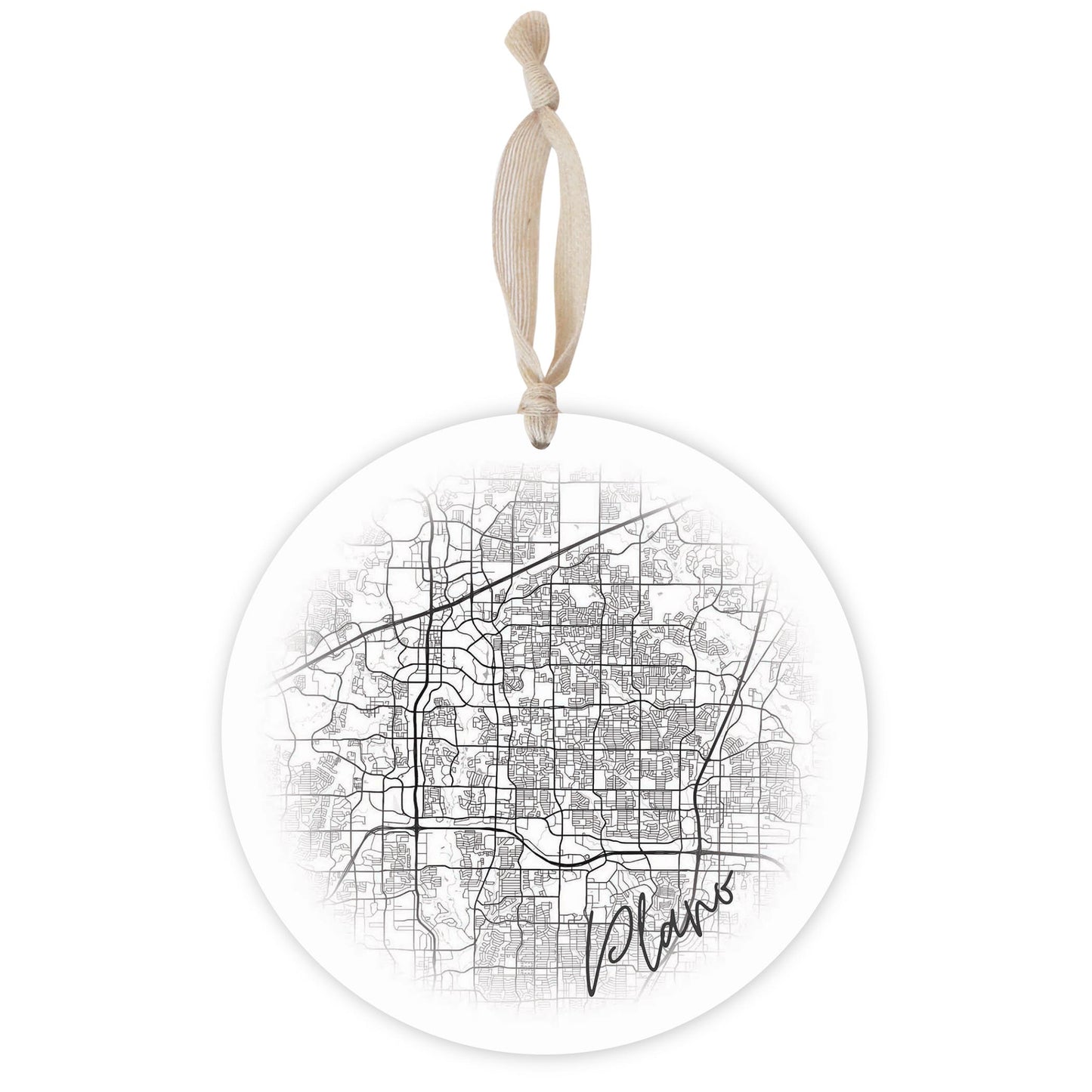 Minimalistic B&W Texas Plano Circle Map | Wood Ornament | Eaches | Min 1