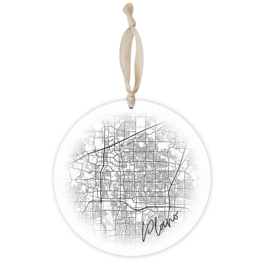 Minimalistic B&W Texas Plano Circle Map | Wood Ornament | Eaches | Min 1