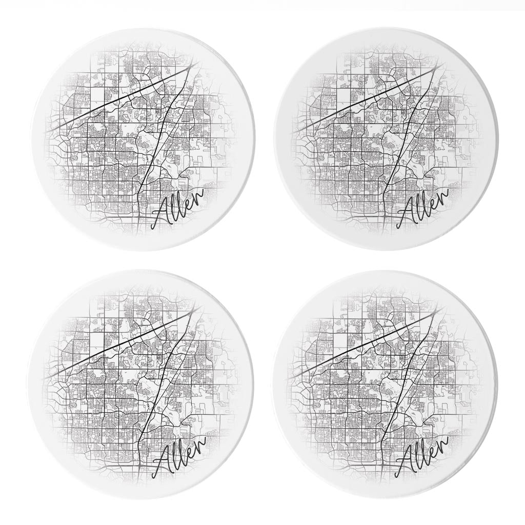 Minimalistic B&W Texas Allen Circle Map| Absorbent Coasters | Set of 4 | Min 2