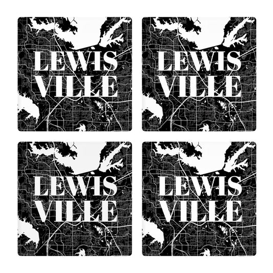 Minimalistic B&W Texas Lewisville Map| Absorbent Coasters | Set of 4 | Min 2