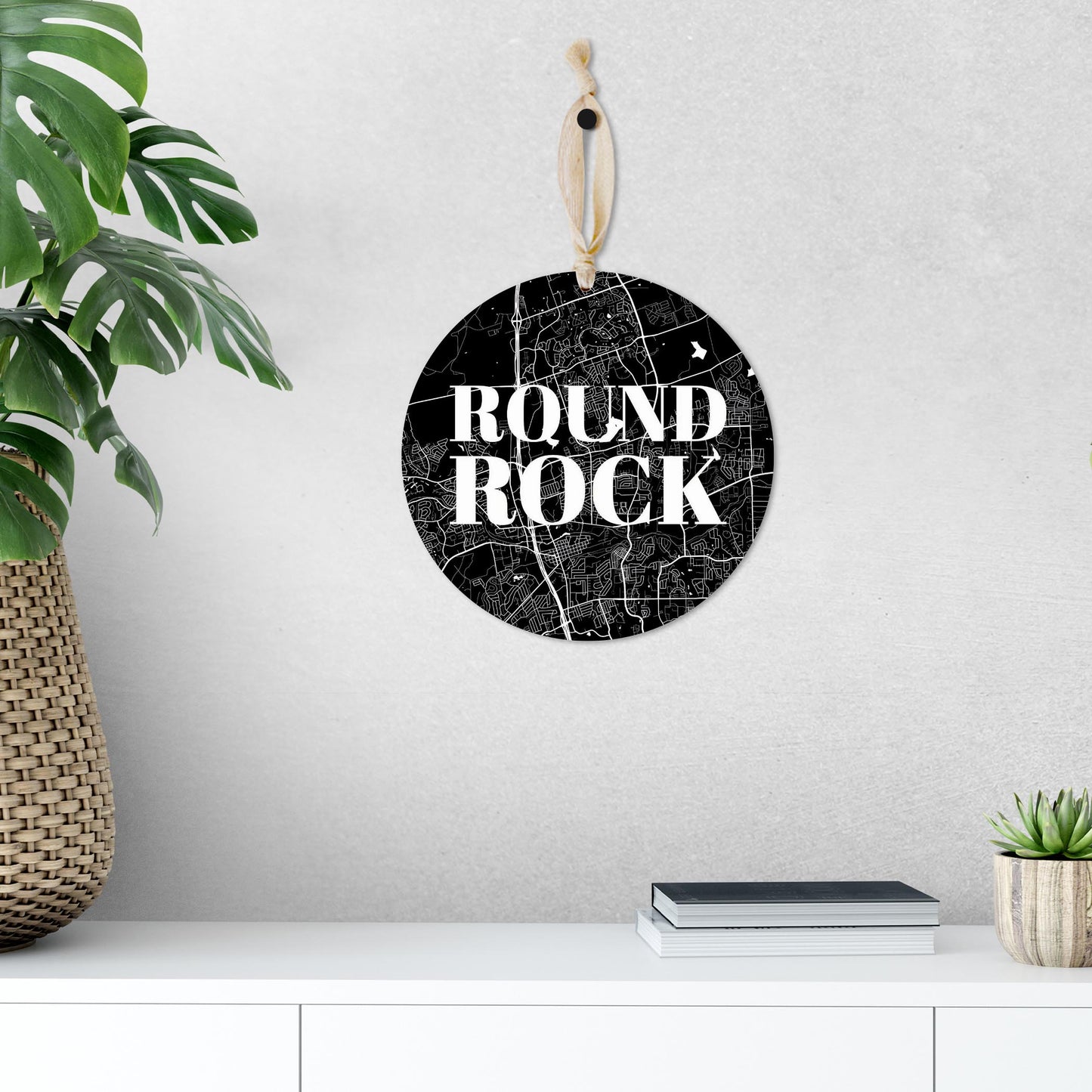 Minimalistic B&W Texas Round Rock Map | Wood Ornament | Eaches | Min 1