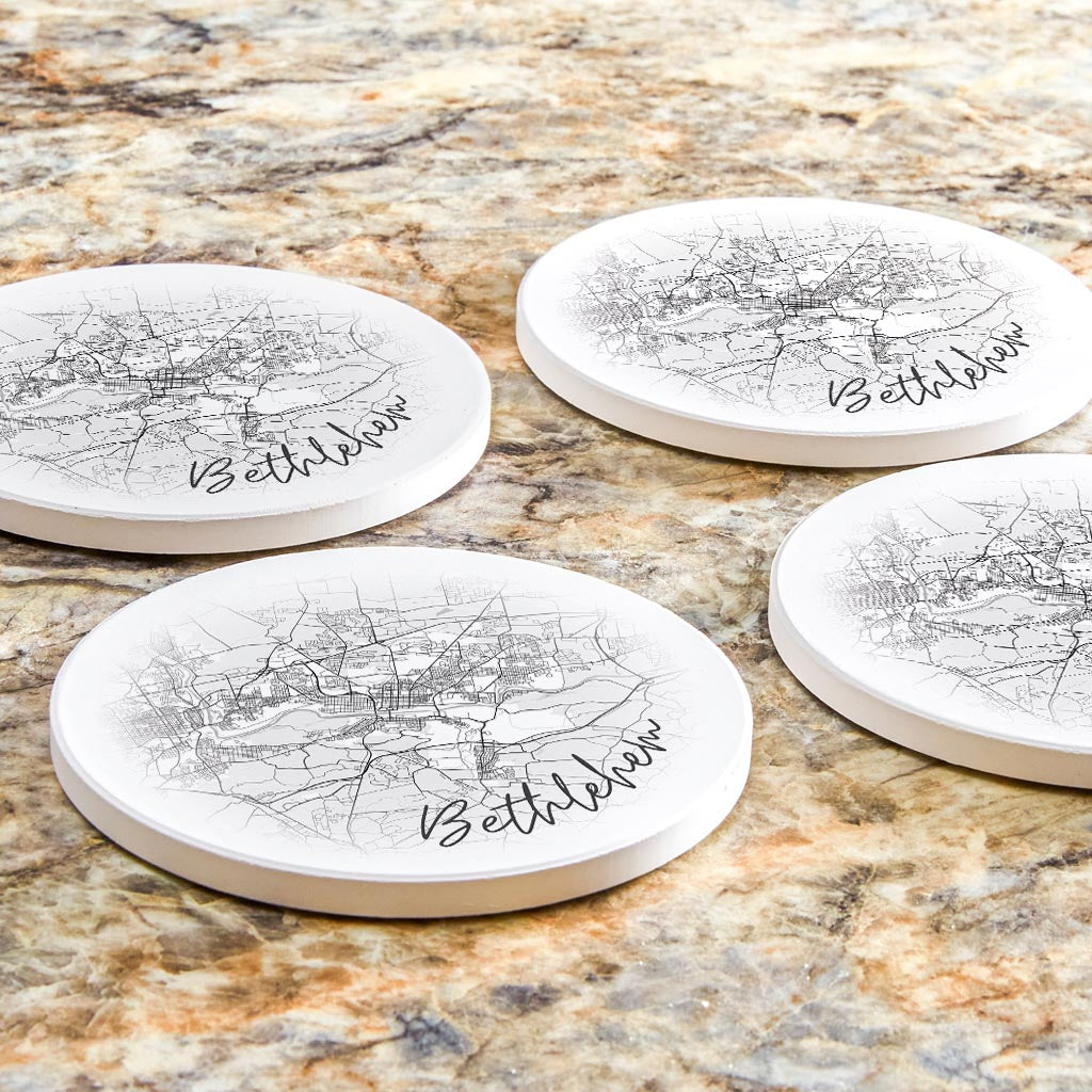 Minimalistic B&W Pennsylvania Bethlehem Circle Map | Absorbent Coasters | Set of 4 | Min 2