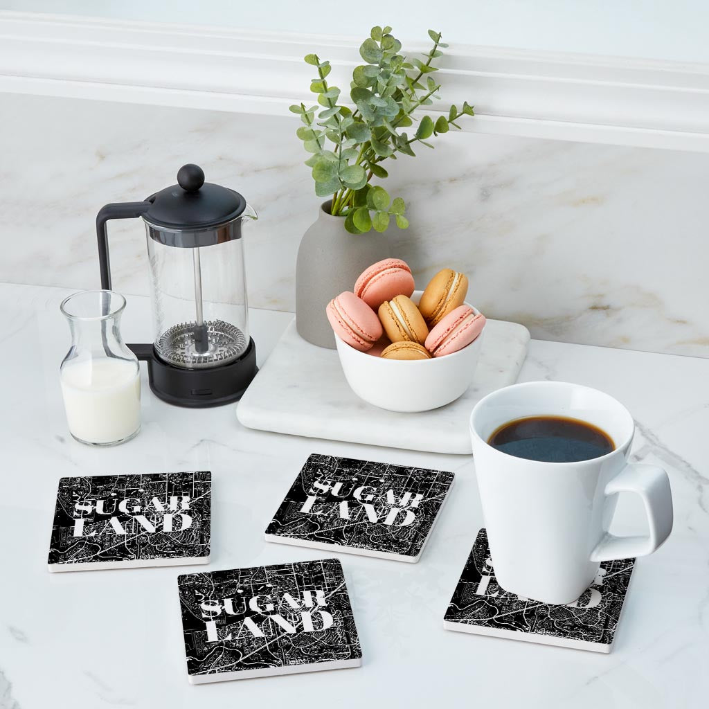 Minimalistic B&W Texas Sugarland Map| Absorbent Coasters | Set of 4 | Min 2