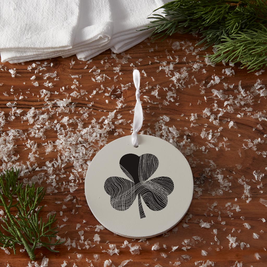 Minimalistic B&W Shamrock Shape Fluid Lines | Wood Ornament | Eaches | Min 6