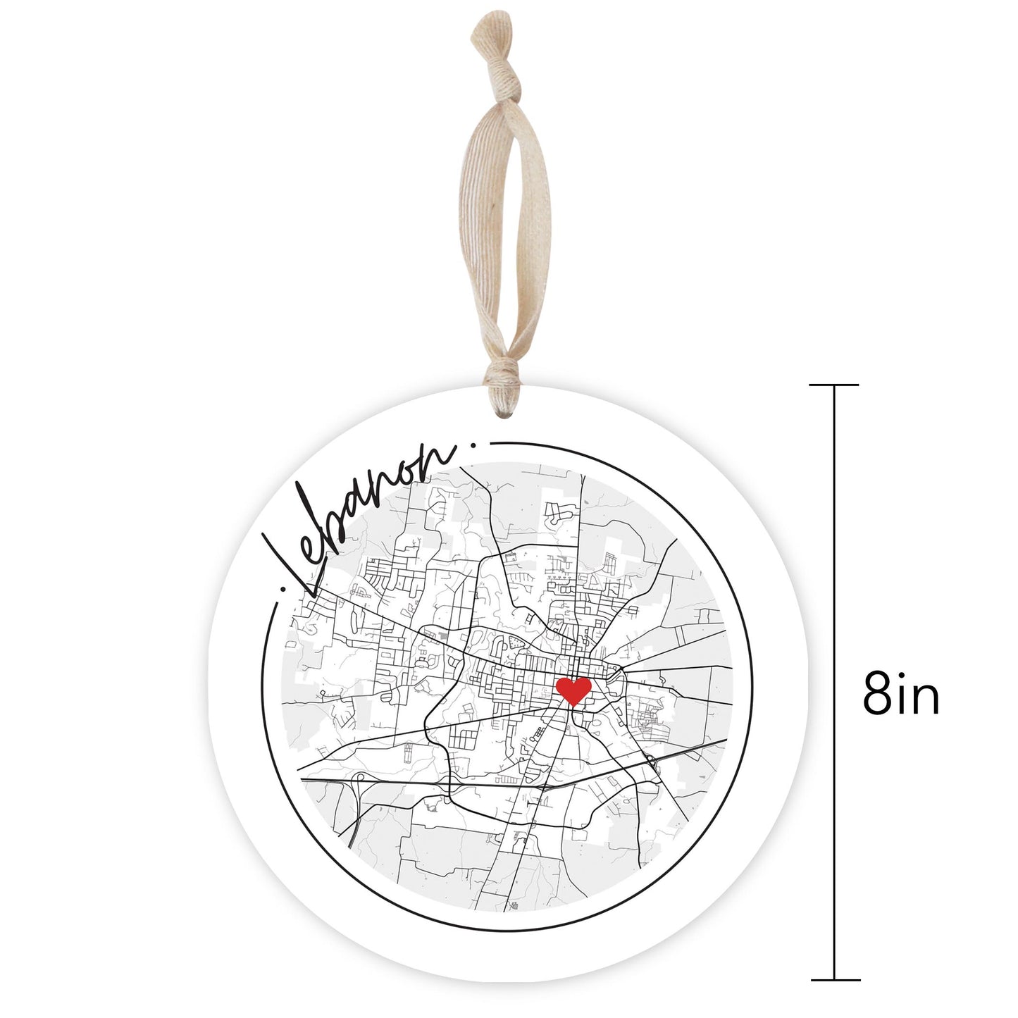 Minimalist B&W Tennessee Lebanon Circle Map Heart | Wood Ornament | Eaches | Min 1