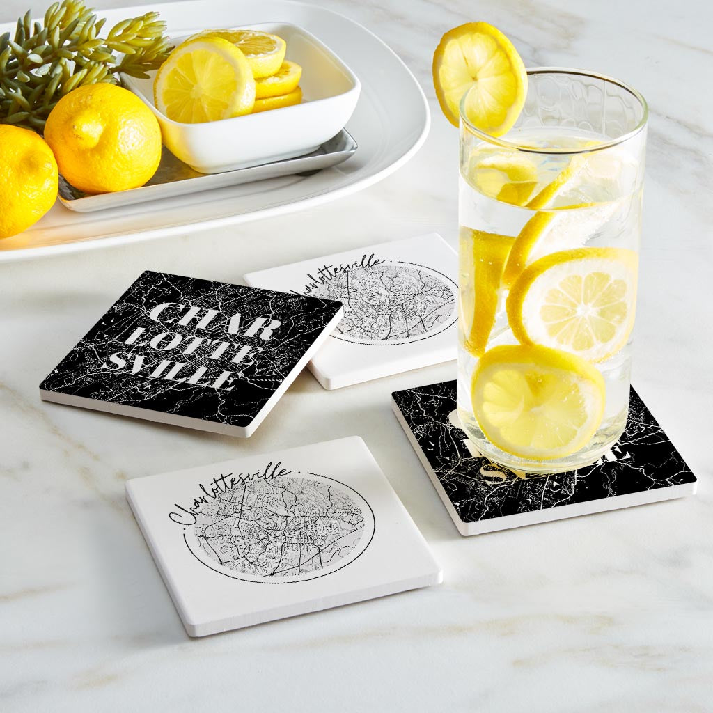 Minimalistic B&W Virginia Charlottesville Maps | Absorbent Coasters | Set of 4 | Min 2