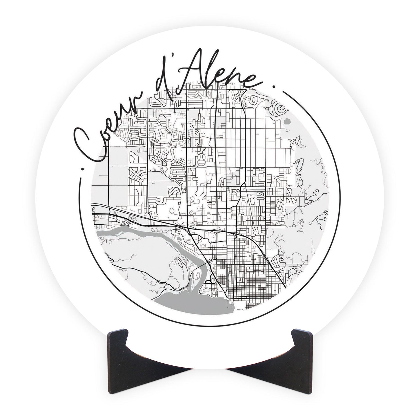 Minimalist B&W Idaho Coeur Dalene Circle Map | Wood Sign | Eaches | Min 1