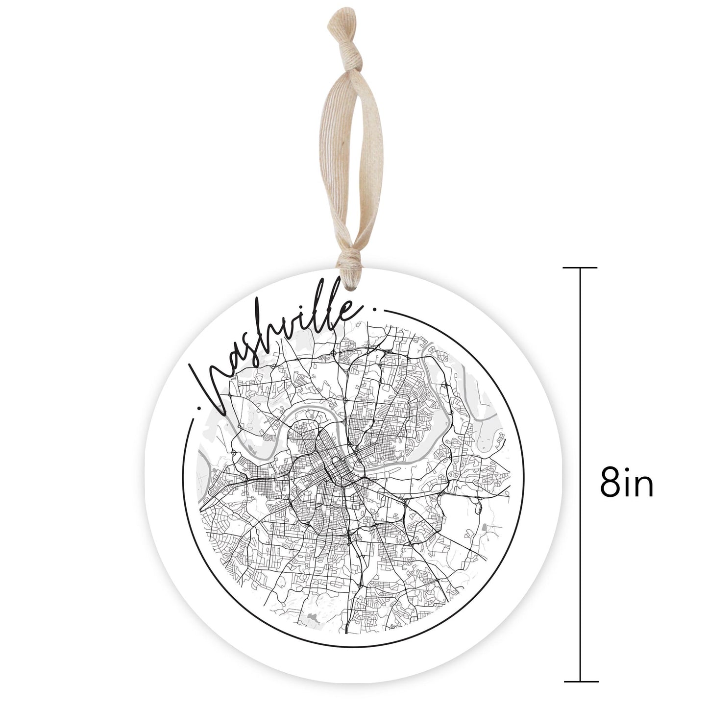 Minimalist B&W Tennessee Nashville Circle Map | Wood Ornament | Eaches | Min 1