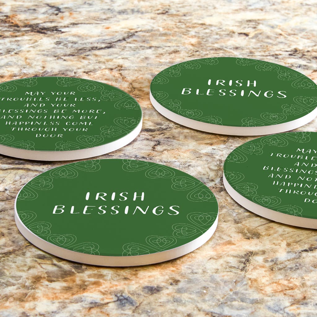 Dark Green Shamrock Irish Blessings Poem | Absorbent Coasters | Set of 4 | Min 2