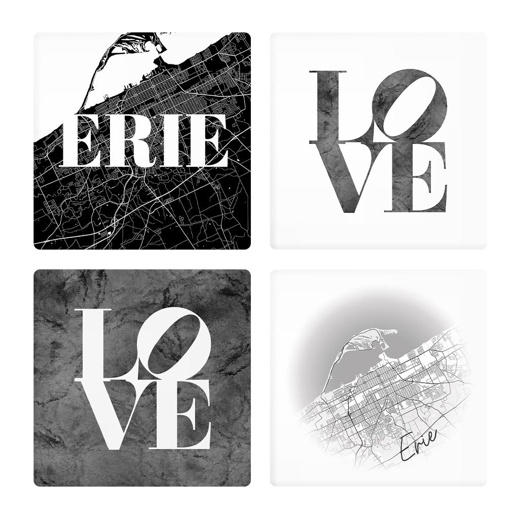 Minimalistic B&W Pennsylvania Erie Maps Love| Absorbent Coasters | Set of 4 | Min 2