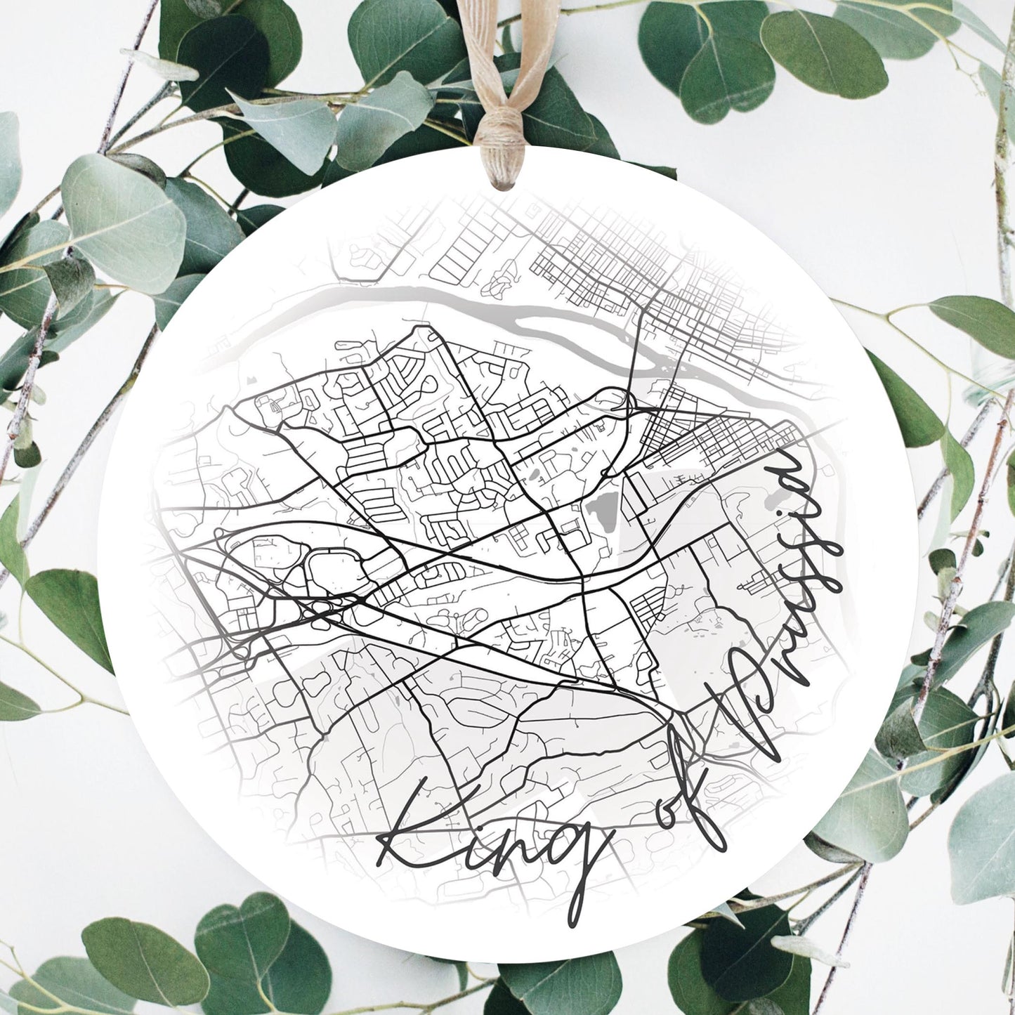 Minimalistic B&W Pennsylvania King Of Prussia Circle Map | Wood Ornament | Eaches | Min 1