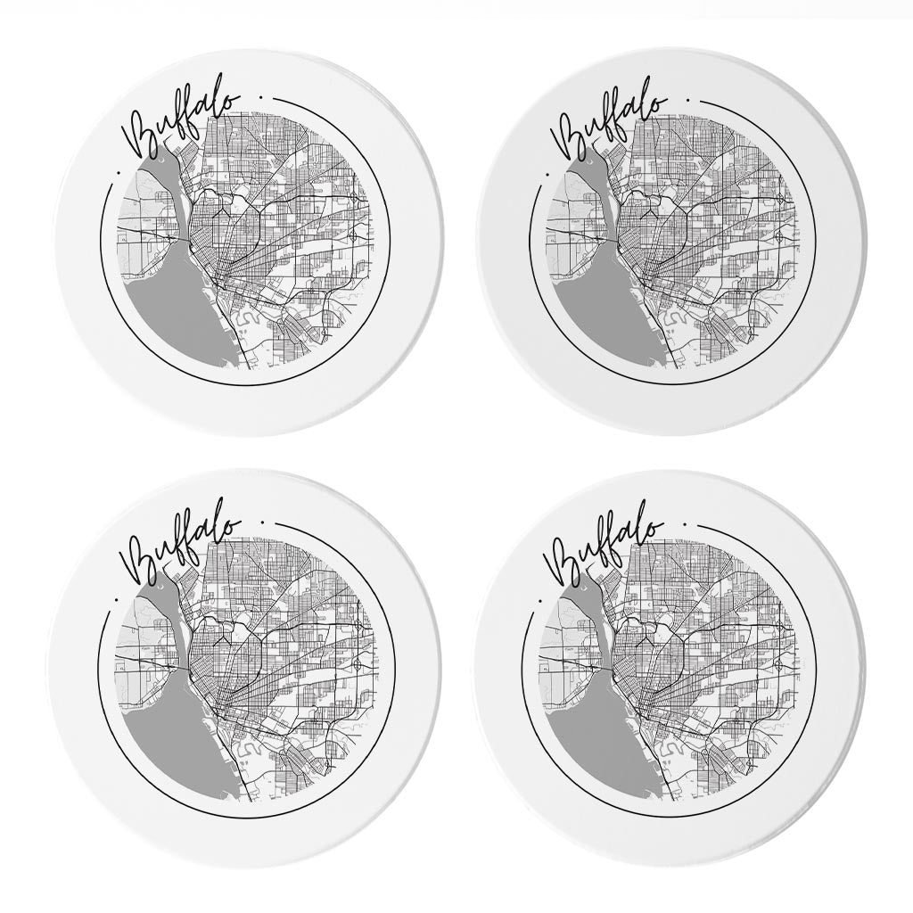 Minimalistic B&W New York Buffalo Circle Map | Absorbent Coasters | Set of 4 | Min 2