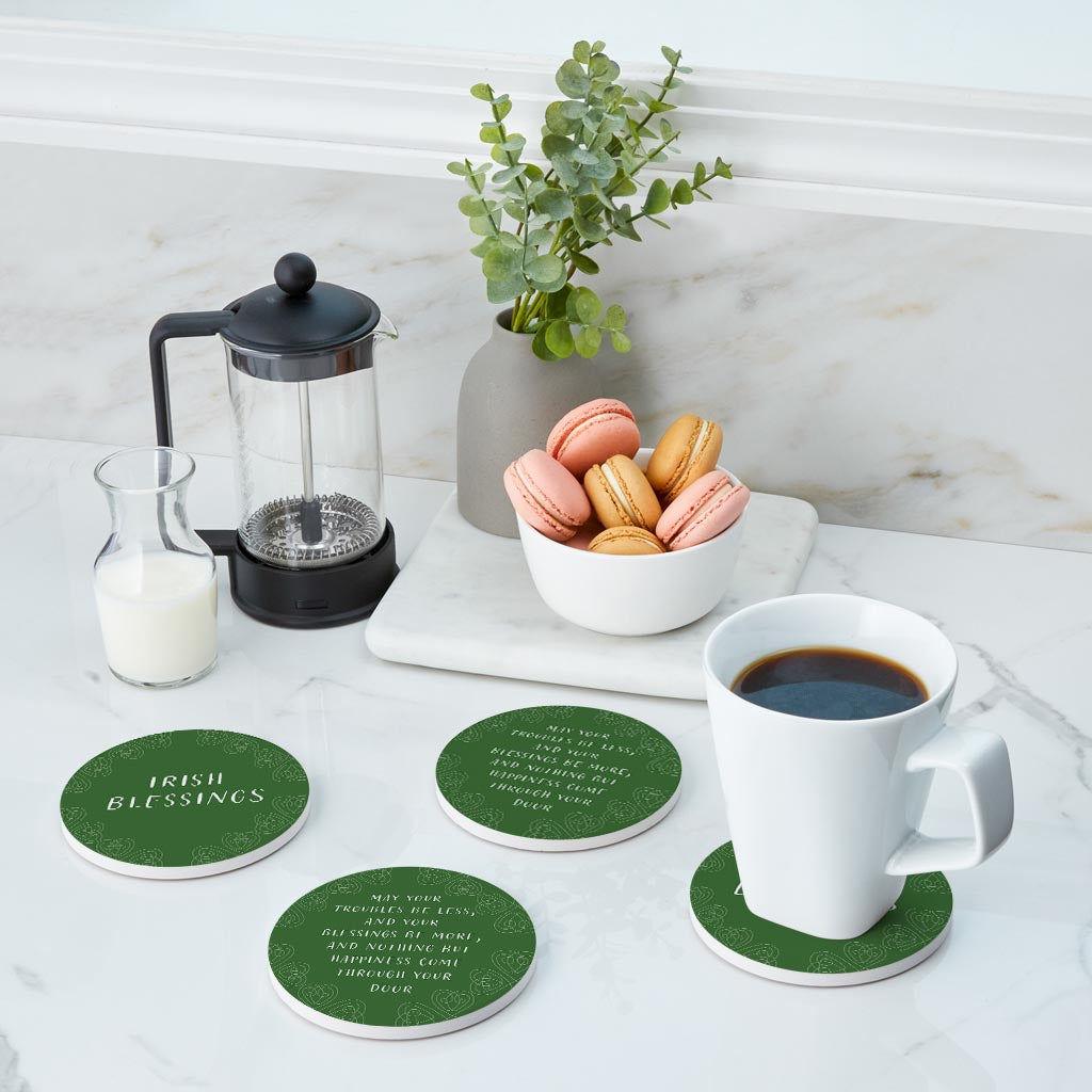 Dark Green Shamrock Irish Blessings Poem | Absorbent Coasters | Set of 4 | Min 2