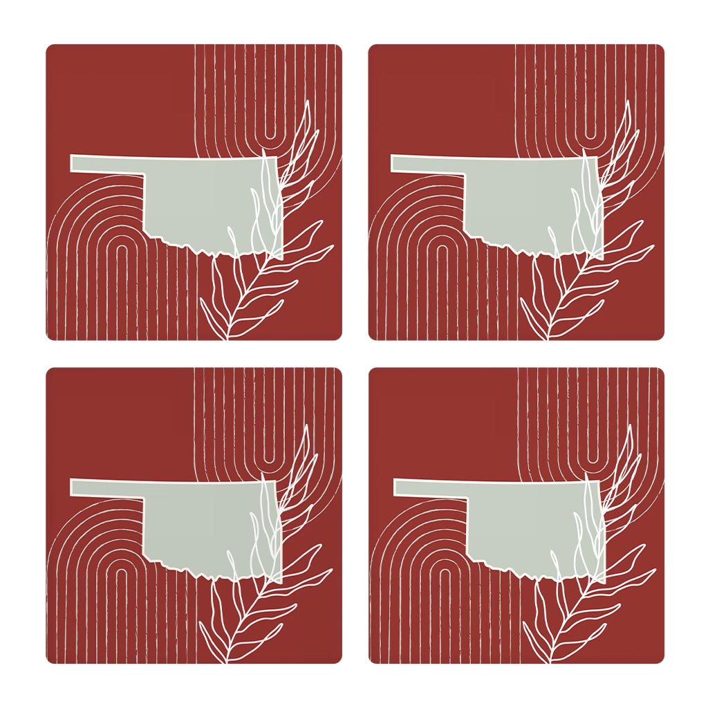 Modern Minimalist Oklahoma State Shape With Leaf | Absorbent Coasters | Set of 4 | Min 2