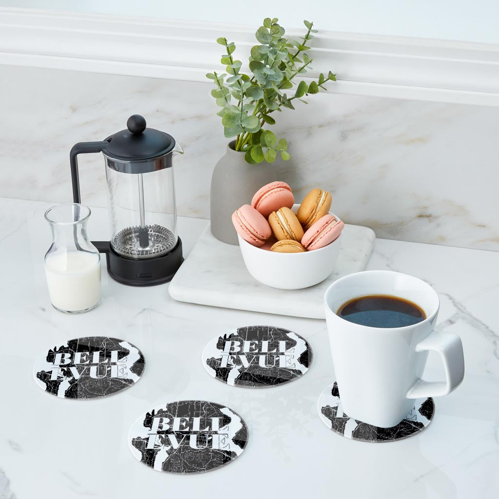 Minimalistic B&W Washington Bellevue Map | Hi-Def Glass Coasters | Set of 4 | Min 2